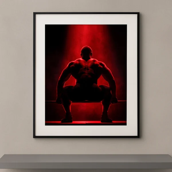 Tableau mural silhouette d'un athlète en position basse de squat sous une lumière rouge dramatique