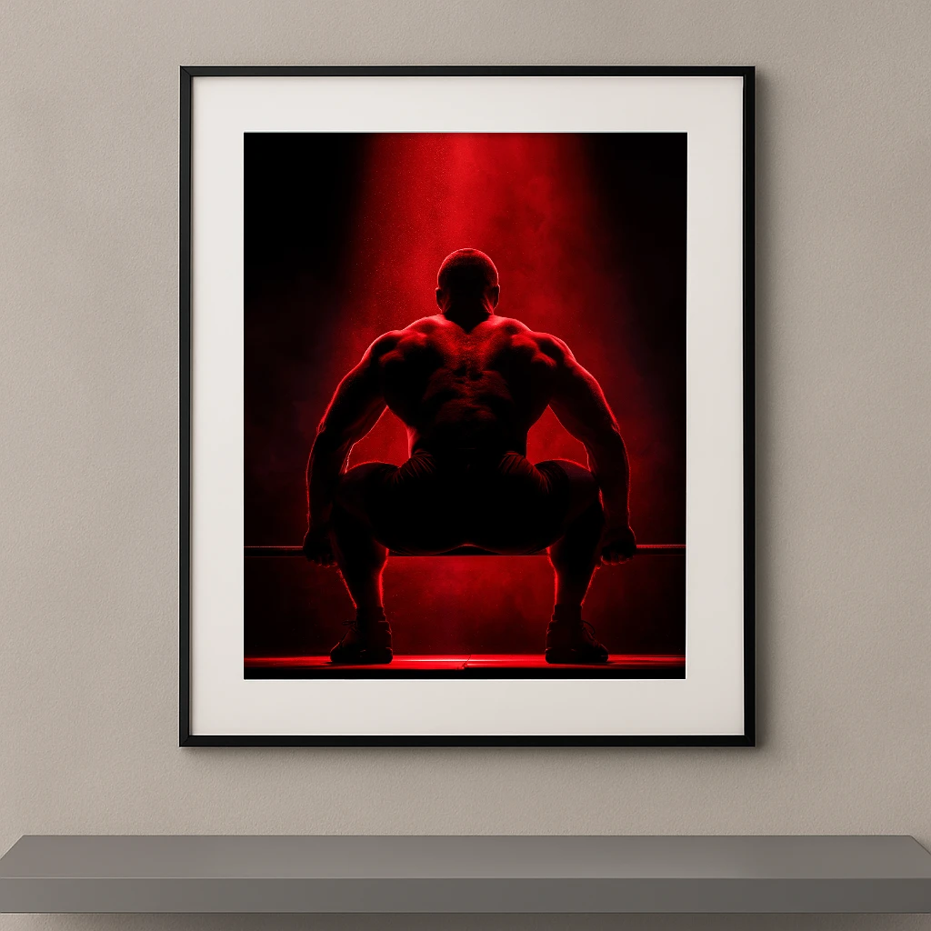 Tableau mural silhouette d'un athlète en position basse de squat sous une lumière rouge dramatique