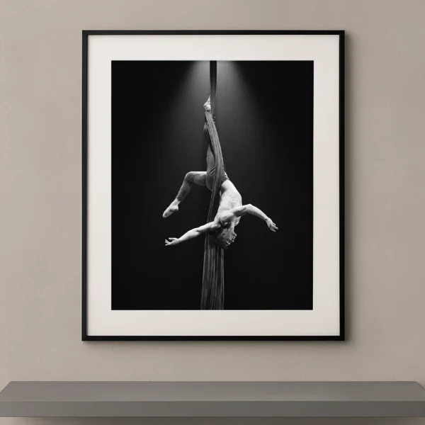 Tableau noir et blanc d'un acrobate suspendu la tête en bas à un tissu aérien