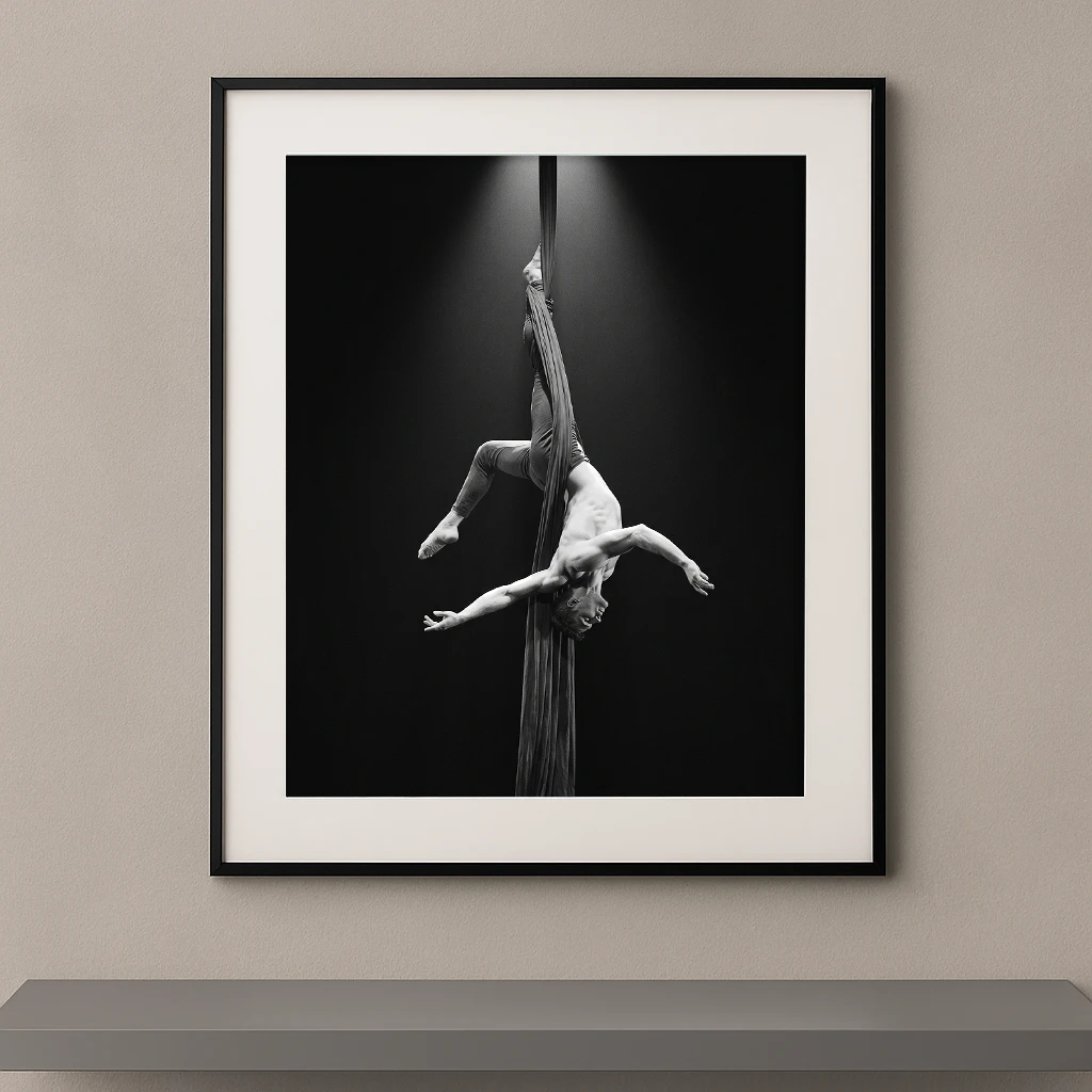 Tableau noir et blanc d'un acrobate suspendu la tête en bas à un tissu aérien