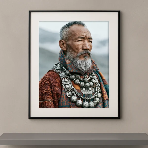 Portrait Fine Art d'un ancien des montagnes d'Asie portant des bijoux traditionnels en argent et un manteau artisanal devant un paysage d'altitude.
