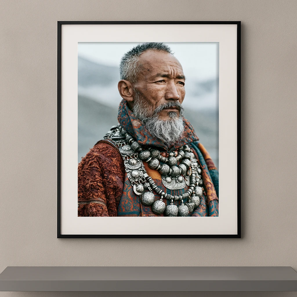 Portrait Fine Art d'un ancien des montagnes d'Asie portant des bijoux traditionnels en argent et un manteau artisanal devant un paysage d'altitude.