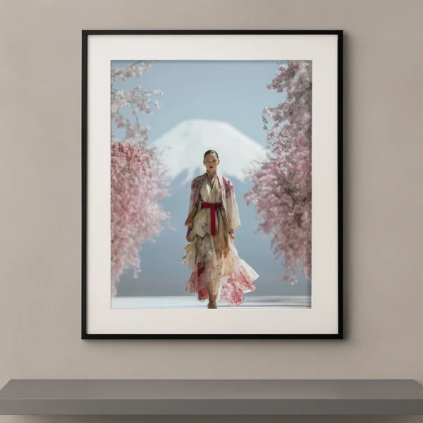 Sakura Impérial, femme en tenue japonaise marchant sous les cerisiers en fleurs devant le mont Fuji