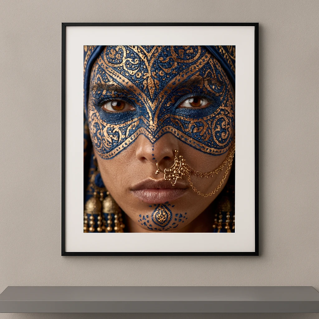 Portrait artistique d'une femme portant un masque bleu saphir et or richement ornementé avec bijoux orientaux et regard intense.