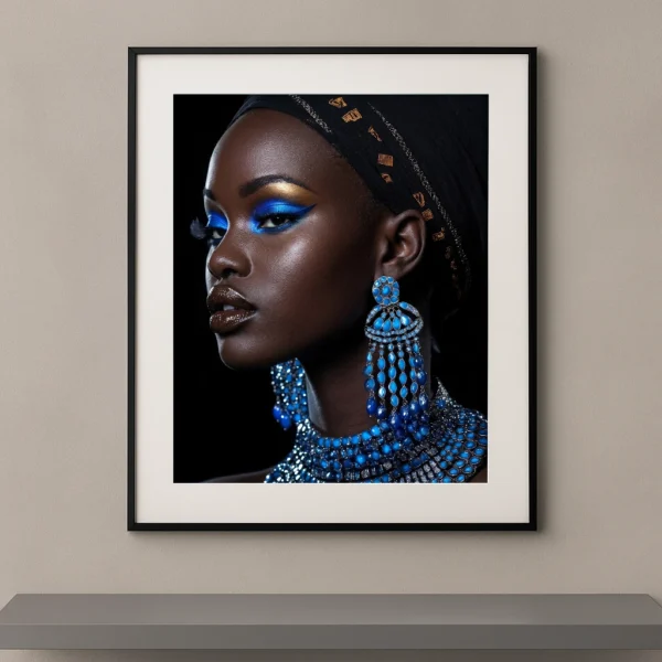 Portrait artistique de profil d'une femme africaine portant un maquillage bleu royal, un collier et des boucles d'oreilles bleu saphir sur fond noir.