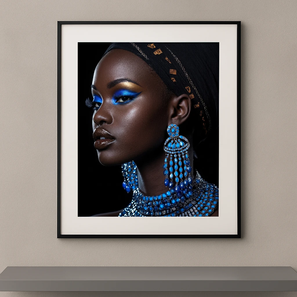Portrait artistique de profil d'une femme africaine portant un maquillage bleu royal, un collier et des boucles d'oreilles bleu saphir sur fond noir.