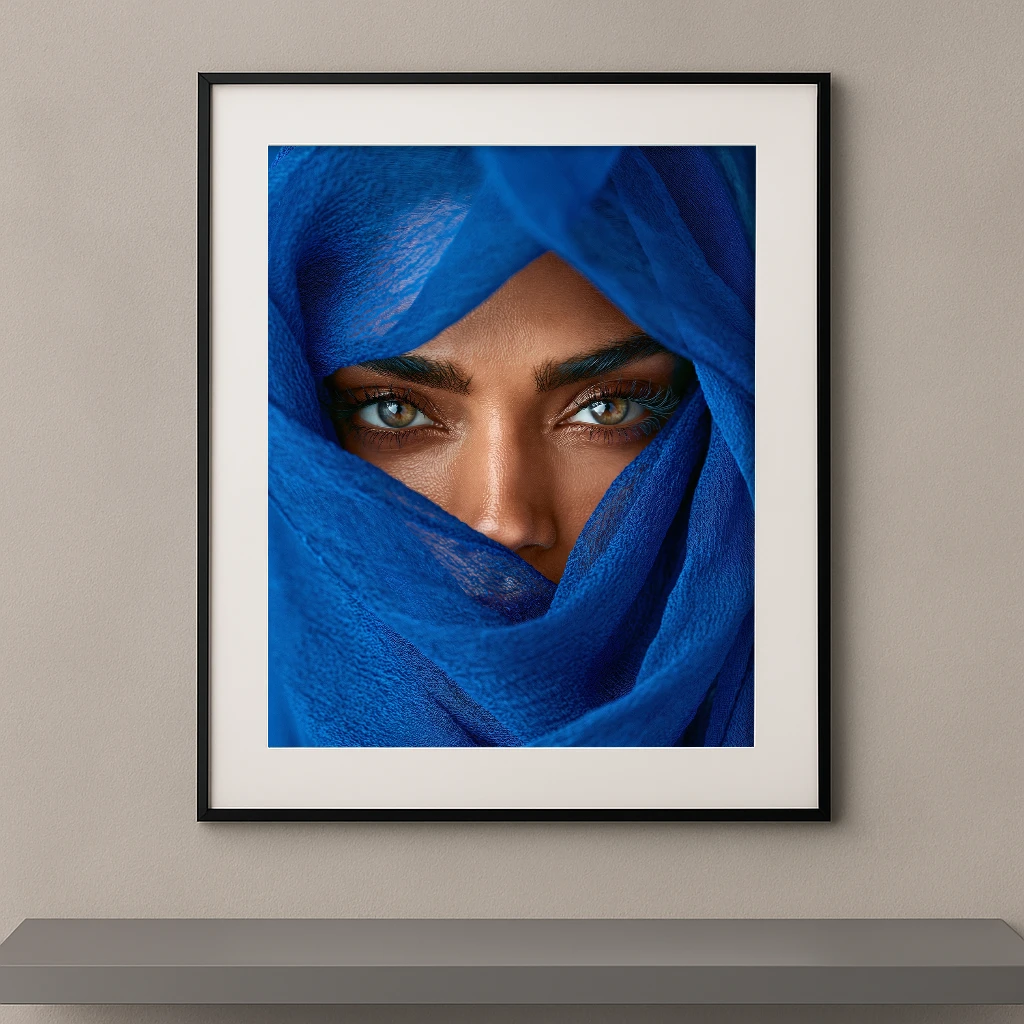 Portrait artistique d'une femme au regard intense apparaissant à travers un voile bleu cobalt dans un style photographique contemporain.