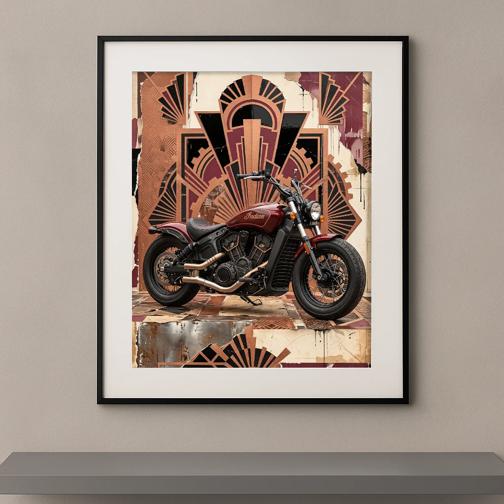 Tableau Scout Art Déco représentant une Indian Scout dans une composition géométrique inspirée du mouvement Art Déco aux teintes bronze et bordeaux.