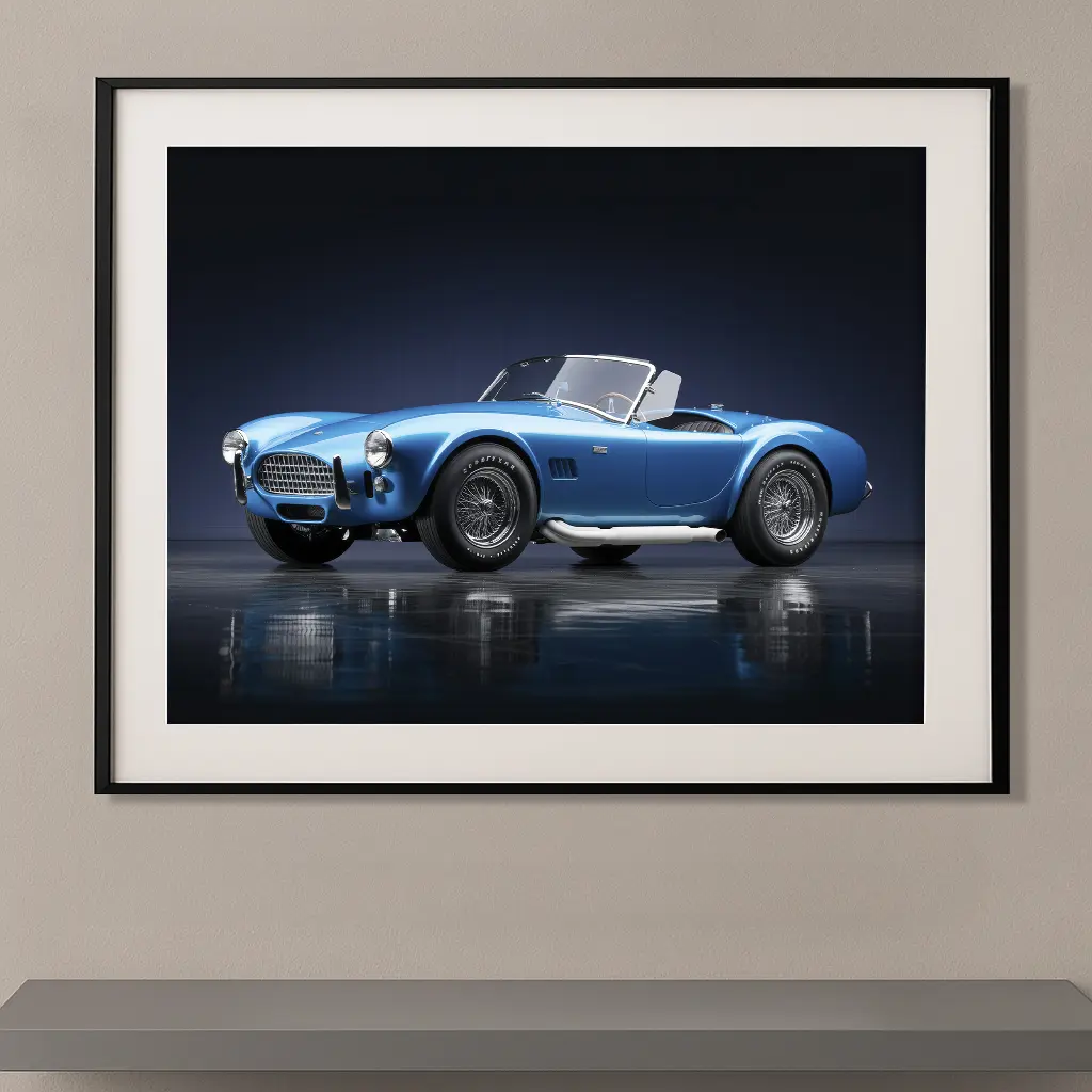 Tableau AC Shelby Cobra 427 bleu vif sur fond sombre minimaliste mettant en valeur les lignes emblématiques de ce roadster de légende.