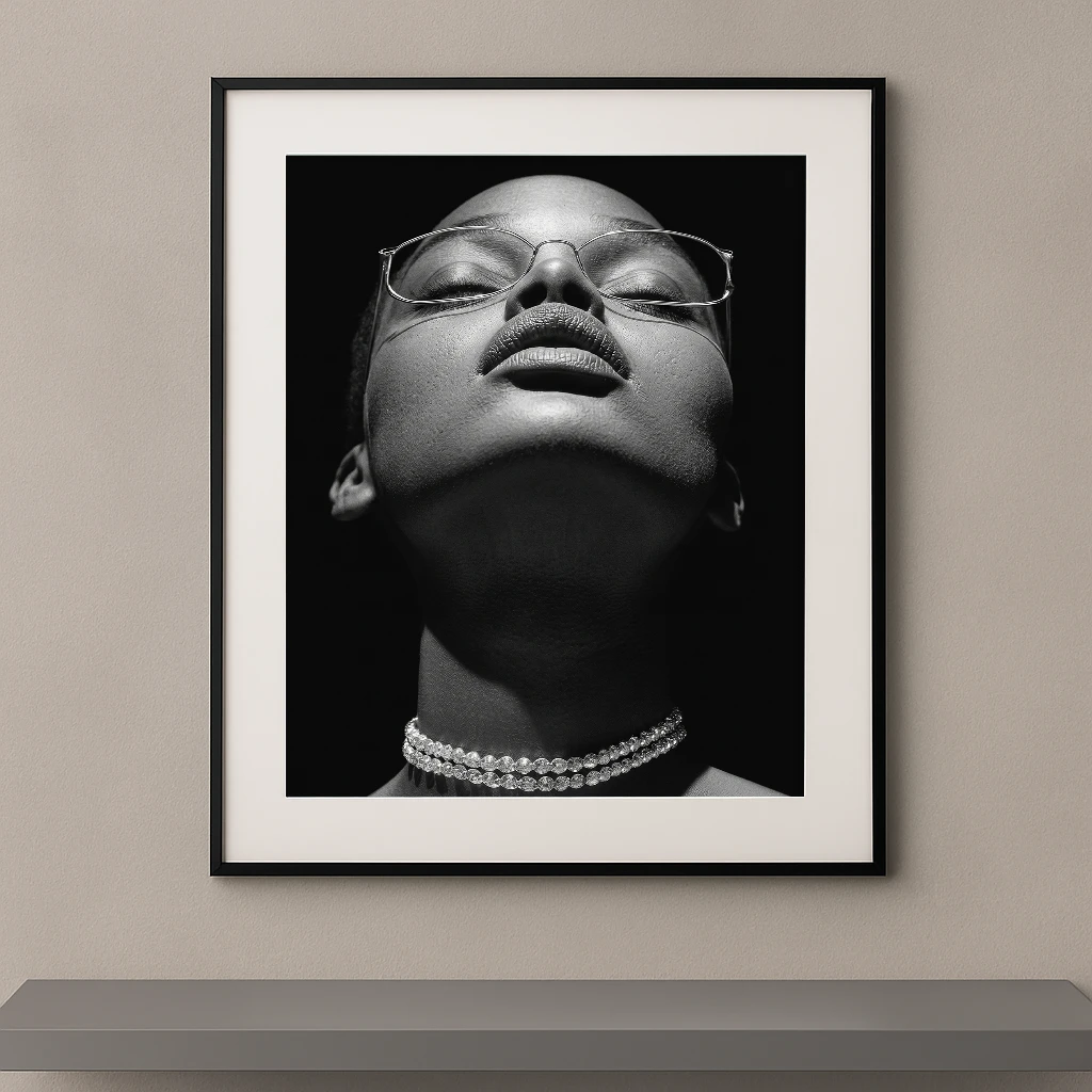 Portrait artistique noir et blanc d'une femme à la tête relevée portant des lunettes fines et un collier scintillant sur fond noir.
