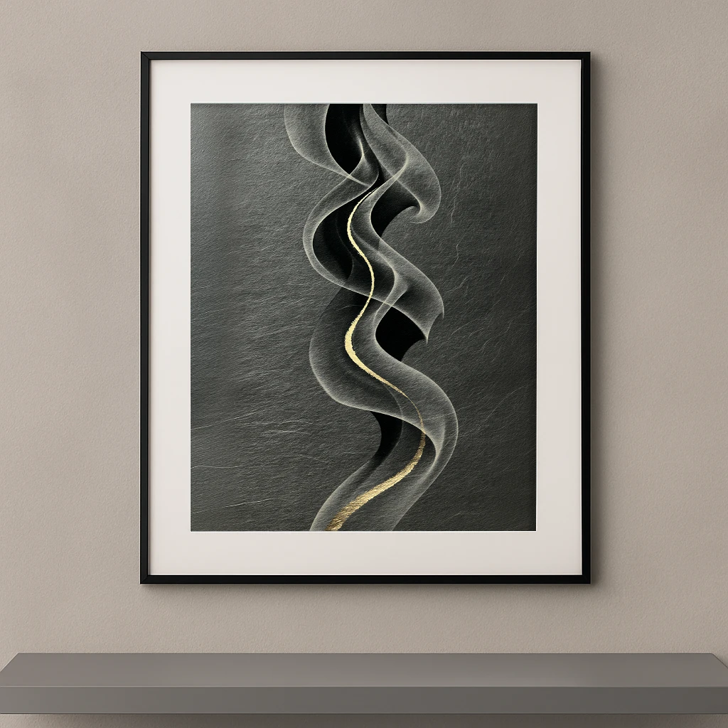 Tableau zen contemporain représentant les volutes de fumée d'un bâton d'encens sur un fond minéral noir avec une délicate ligne dorée inspirée du Kintsugi.