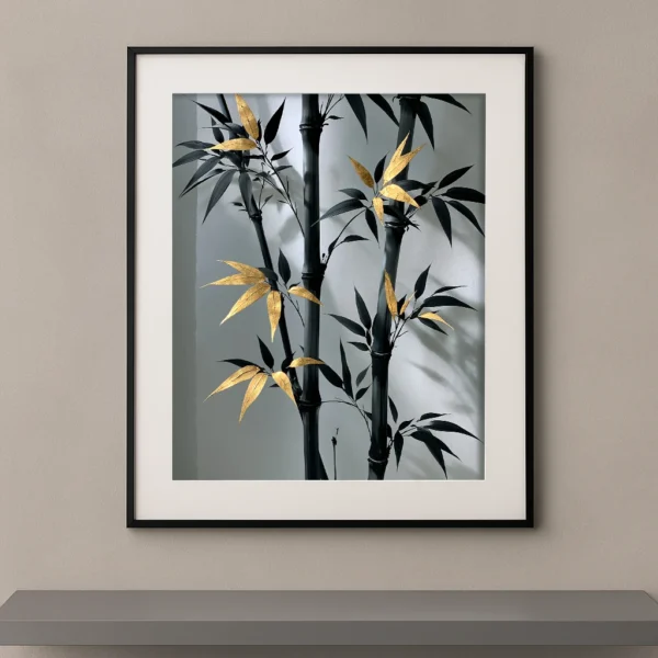 Tableau zen Souffle de Bambou représentant des bambous noirs ornés de feuilles dorées dans une composition minimaliste inspirée des jardins japonais.