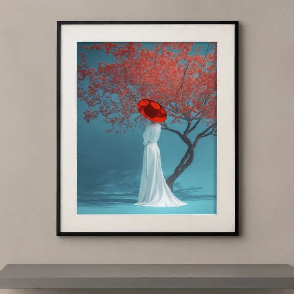 Sous l’Arbre Rouge, femme en robe blanche et chapeau rouge devant un arbre rouge sur fond turquoise