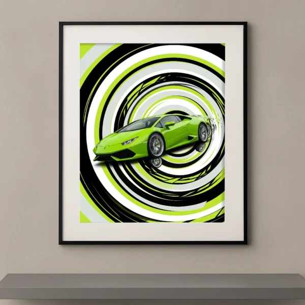 Tableau Spirale d'Adrénaline représentant une Lamborghini Huracán verte dans une composition graphique en spirales noires, blanches et vert acide évoquant la vitesse.