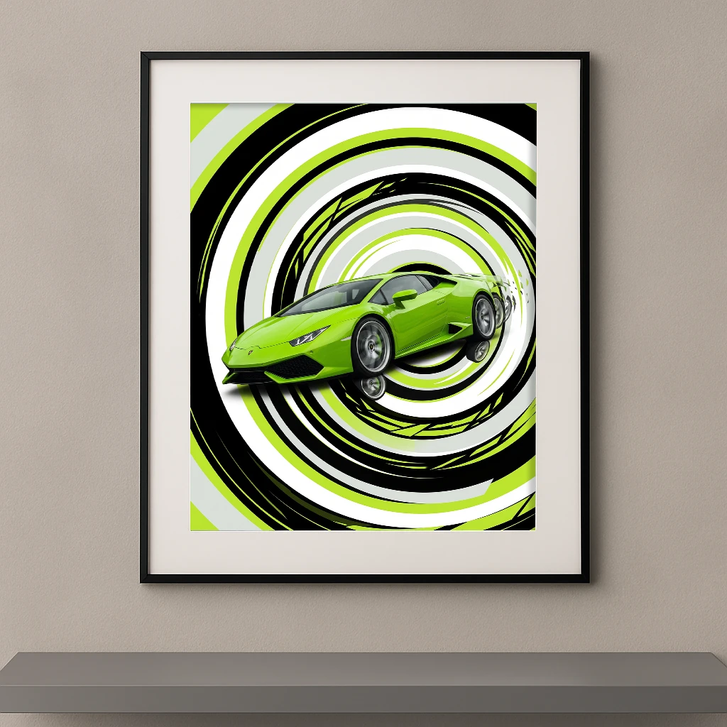 Tableau Spirale d'Adrénaline représentant une Lamborghini Huracán verte dans une composition graphique en spirales noires, blanches et vert acide évoquant la vitesse.