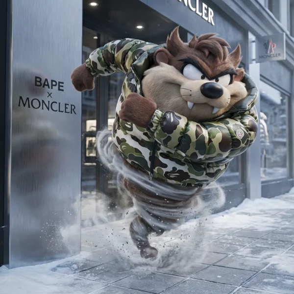 Storm Toon – Winter Street Luxe, personnage en mouvement dans une rue enneigée devant une boutique de mode, art mural premium