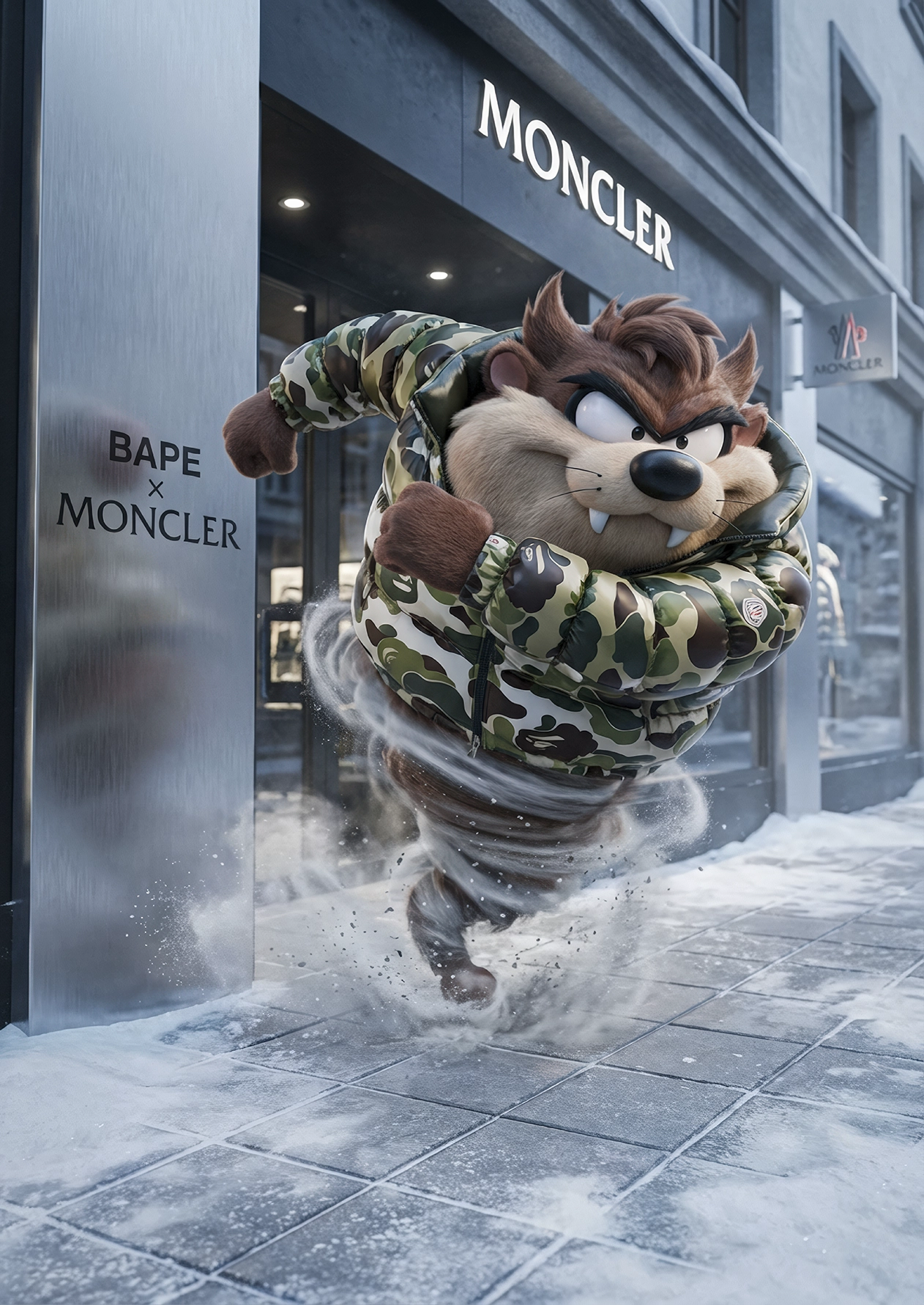 Storm Toon – Winter Street Luxe, personnage en mouvement dans une rue enneigée devant une boutique de mode, art mural premium
