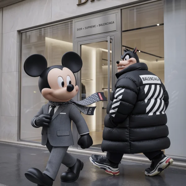 Street Toon Duo – Couture Walk, duo cartoon en costume chic et doudoune devant une boutique de mode parisienne, art mural premium
