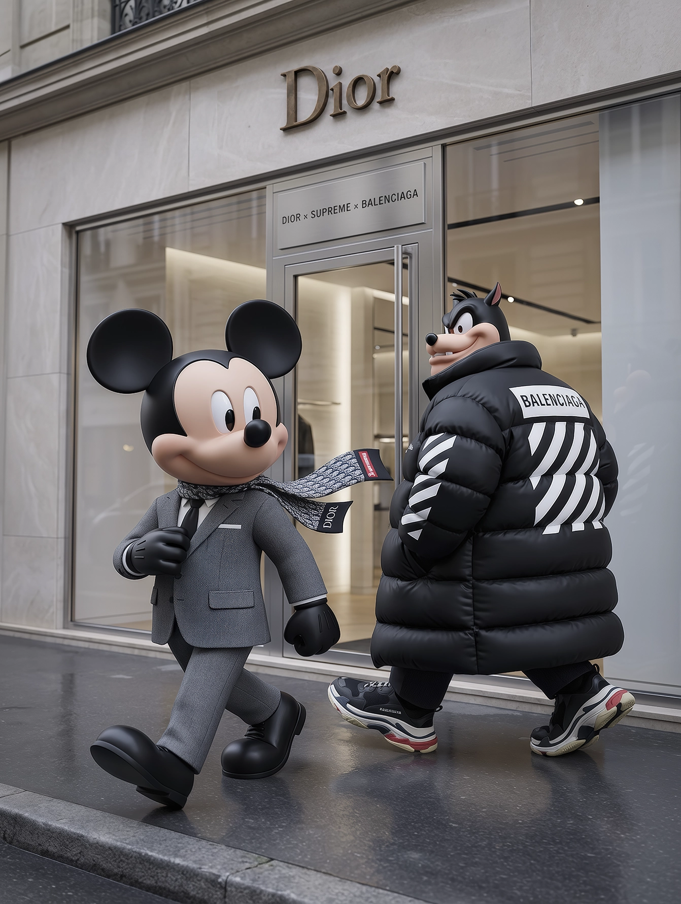Street Toon Duo – Couture Walk, duo cartoon en costume chic et doudoune devant une boutique de mode parisienne, art mural premium
