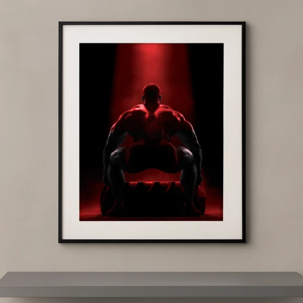 Tableau mural silhouette d'un athlète en position de squat soulevant un pneu sous une lumière rouge