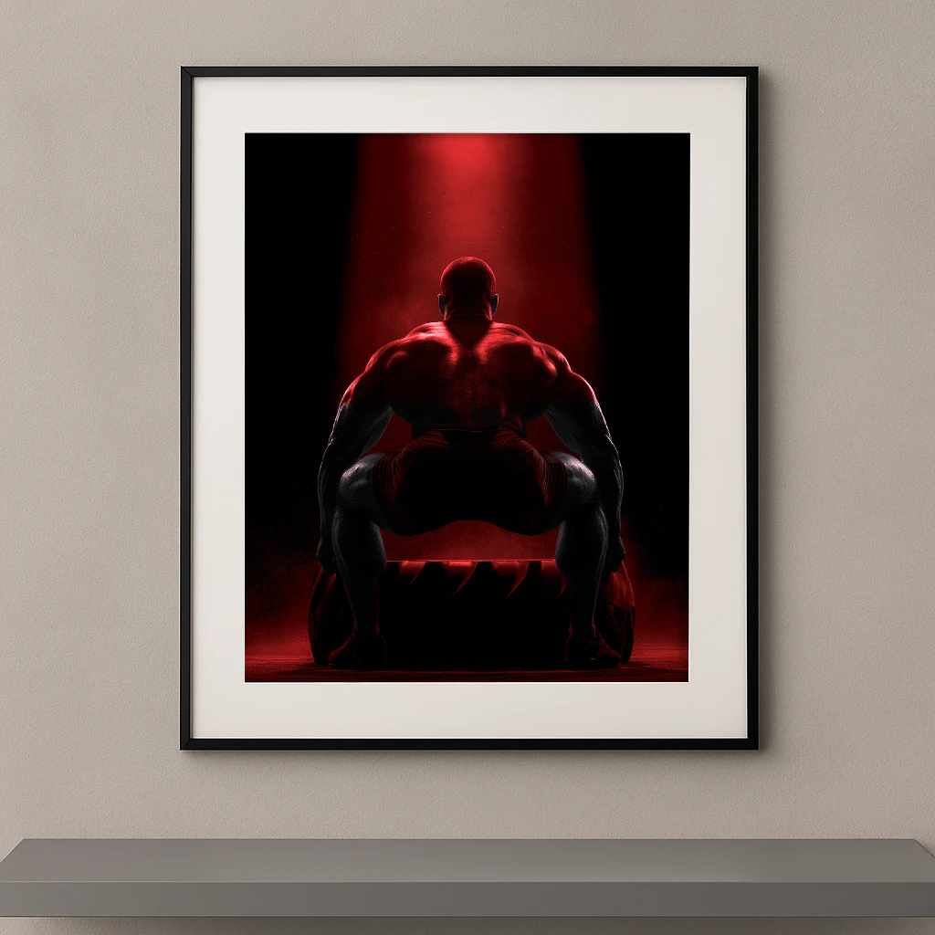 Tableau mural silhouette d'un athlète en position de squat soulevant un pneu sous une lumière rouge