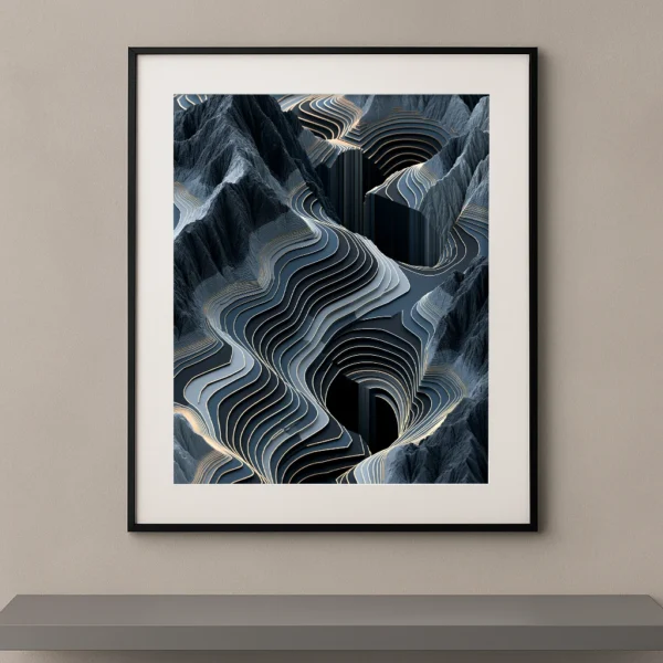 Tableau paysage génératif composé de reliefs bleu acier et de lignes topographiques dorées plongeant dans des cavités