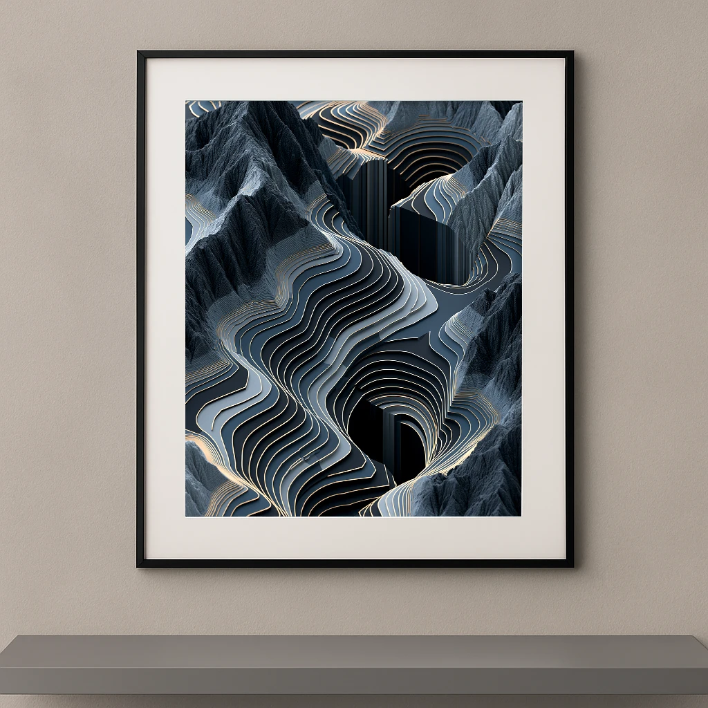 Tableau paysage génératif composé de reliefs bleu acier et de lignes topographiques dorées plongeant dans des cavités