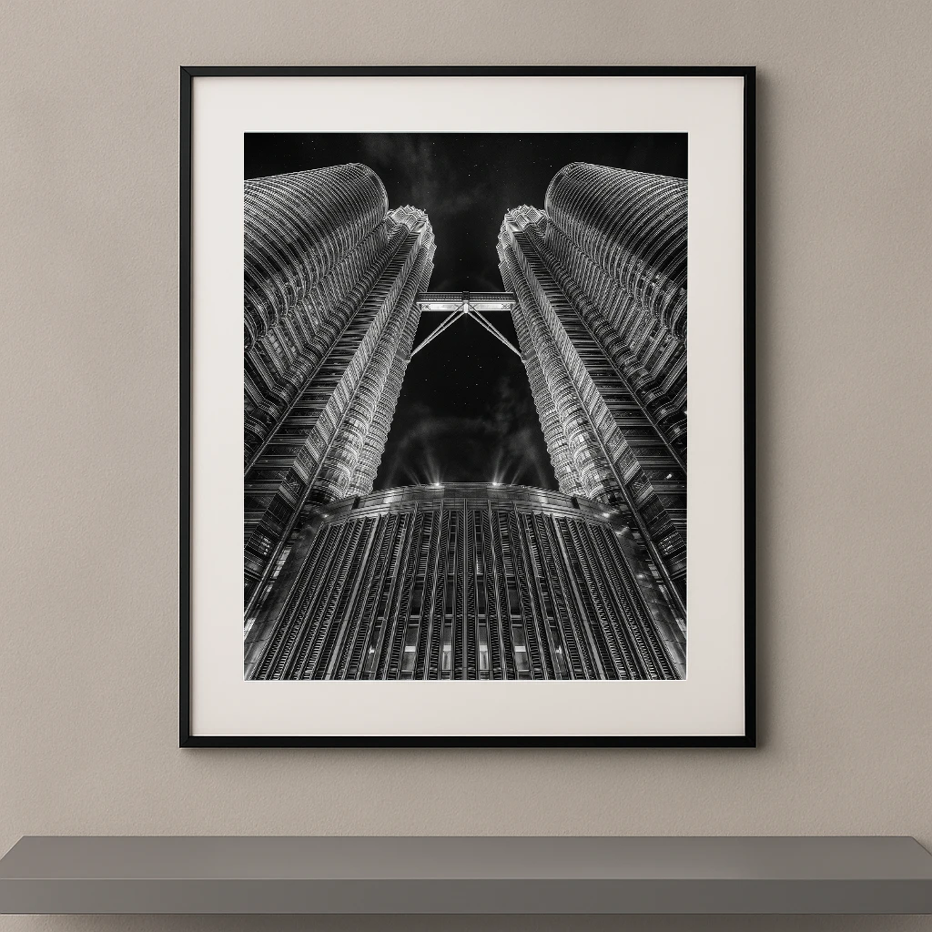 Tableau noir et blanc des tours Petronas photographiées en contre-plongée symétrique
