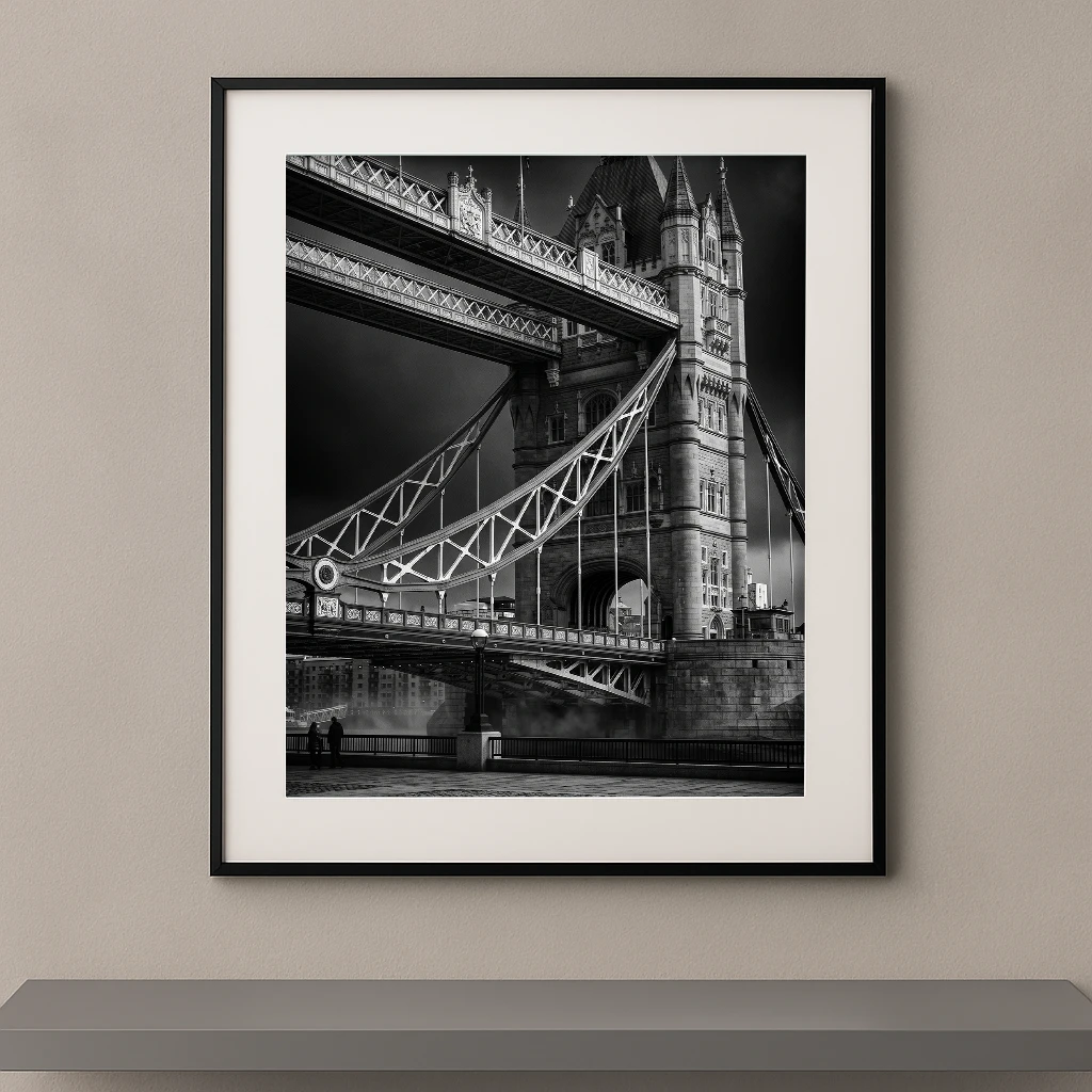 Tableau noir et blanc du Tower Bridge de Londres photographié dans une composition architecturale spectaculaire