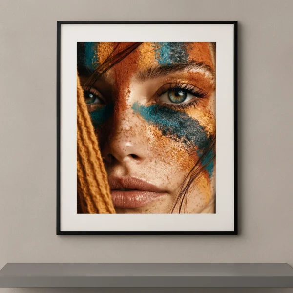Portrait artistique en très gros plan d'une femme portant un maquillage minéral composé de pigments ocre, cuivre et bleu avec un regard intense.