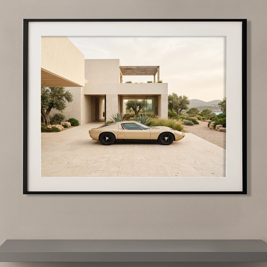 Lamborghini Miura dorée devant une villa contemporaine méditerranéenne, photographie Fine Art.