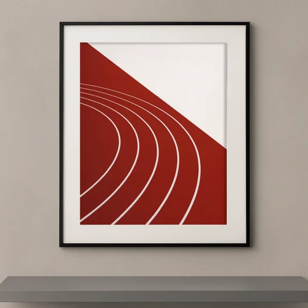 Tableau minimaliste représentant les courbes d'une piste d'athlétisme rouge dans une composition géométrique contemporaine.