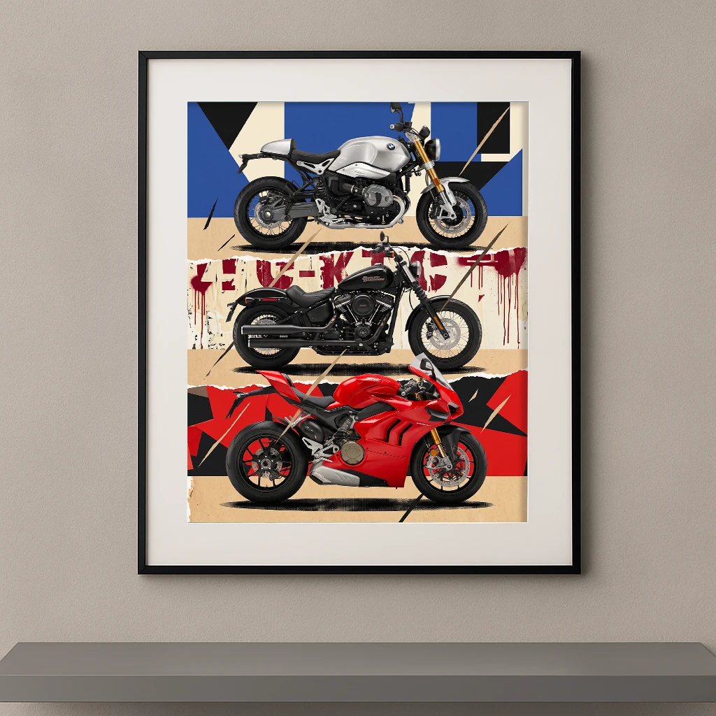 Tableau Trilogie Mécanique représentant trois motos iconiques – sportive, custom et roadster néo-rétro – dans une composition graphique contemporaine inspirée du collage et du design éditorial.