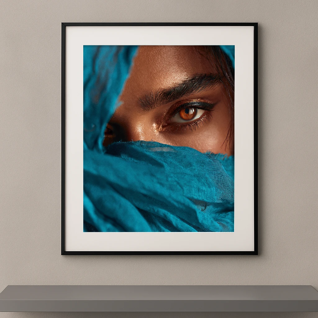 Portrait artistique d'un regard ambré intense apparaissant derrière un voile turquoise dans un style photographique Fine Art contemporain.