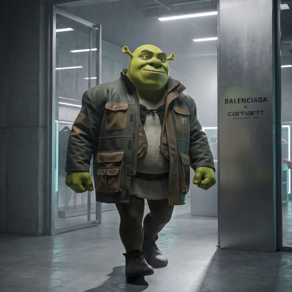 Urban Ogre – Street Couture, ogre stylisé en veste technique dans une boutique de mode urbaine, art mural premium