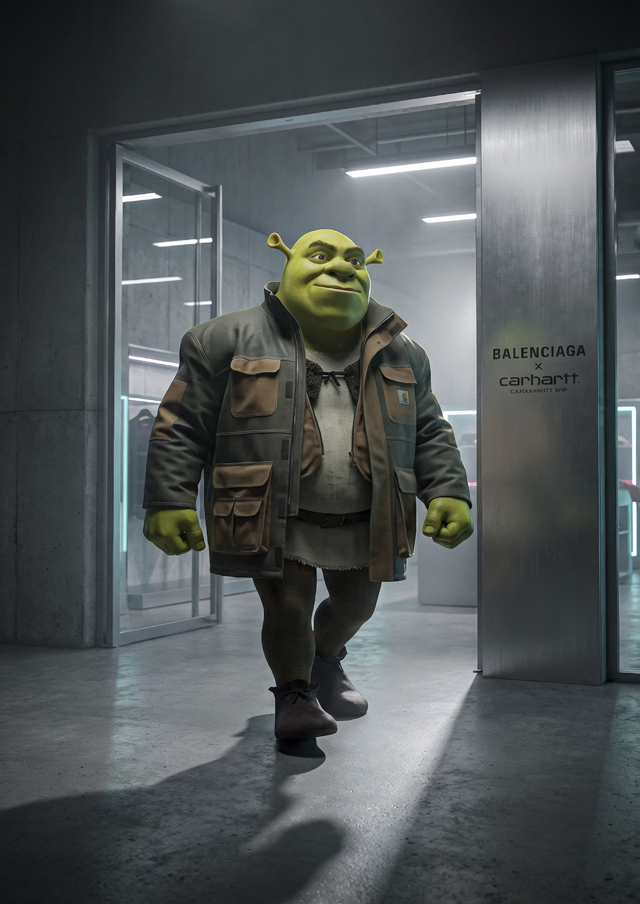 Urban Ogre – Street Couture, ogre stylisé en veste technique dans une boutique de mode urbaine, art mural premium