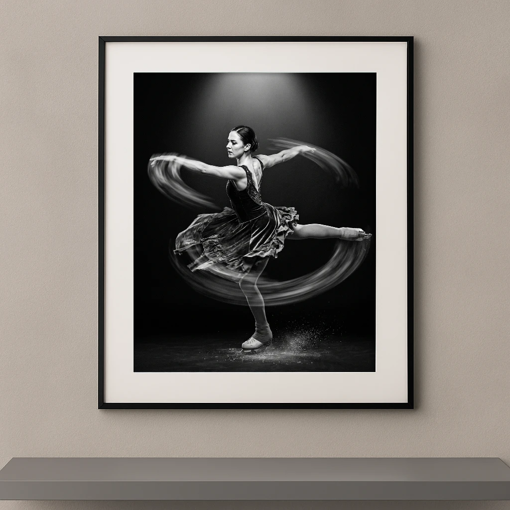 Tableau noir et blanc d'une patineuse artistique en pleine rotation