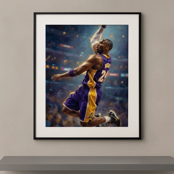Tableau mural peinture à l'huile d'un basketteur en plein dunk en tenue violette et or