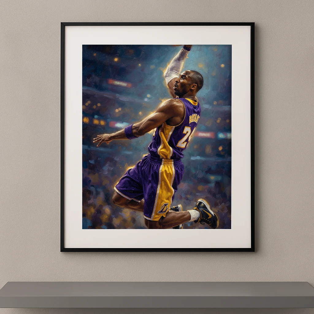 Tableau mural peinture à l'huile d'un basketteur en plein dunk en tenue violette et or