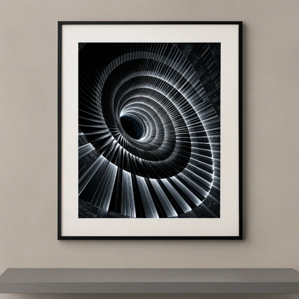 Tableau abstrait représentant un vortex architectural noir et argent composé de lignes métalliques lumineuses