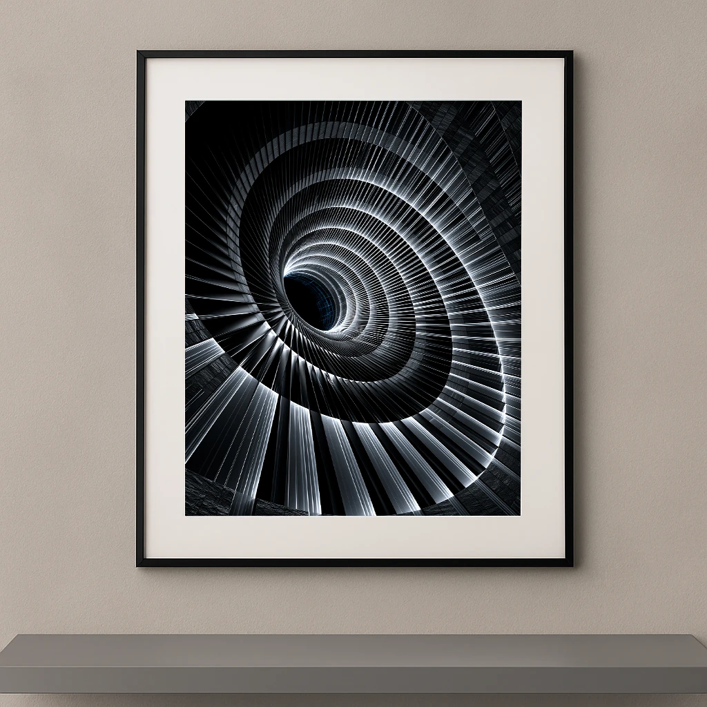 Tableau abstrait représentant un vortex architectural noir et argent composé de lignes métalliques lumineuses