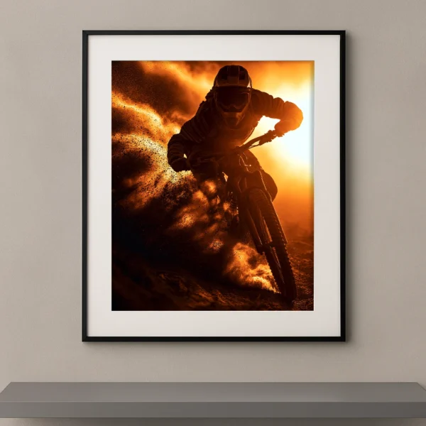 Tableau mural silhouette d'un vététiste en plein dérapage dans une explosion de poussière dorée