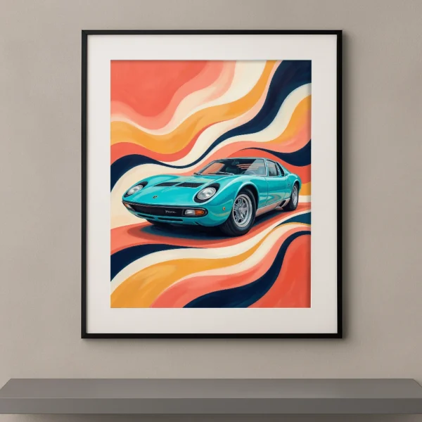 Tableau Vagues Vintage représentant une Lamborghini Miura turquoise sur un décor graphique rétro aux courbes colorées inspirées des années 70.