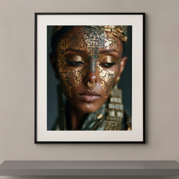 Portrait artistique frontal avec maquillage en feuilles d'or craquelées et motifs inspirés des civilisations anciennes.