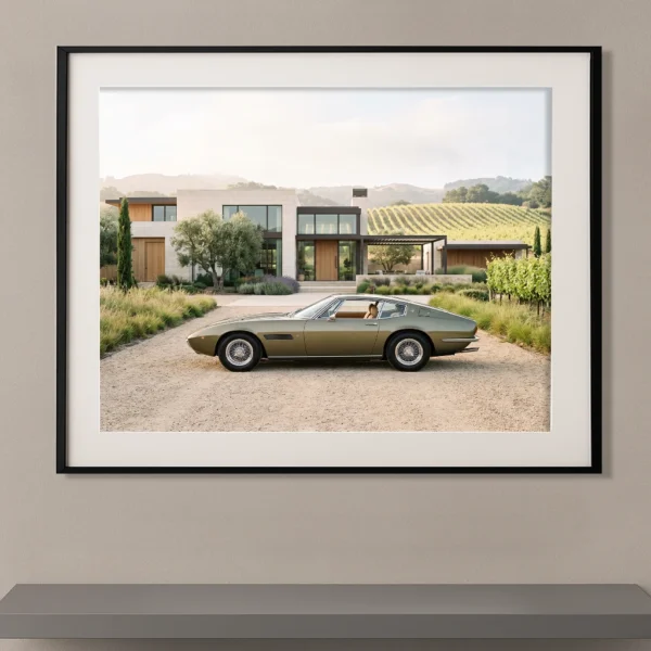 Maserati Ghibli SS vert olive devant une villa contemporaine entourée de vignobles, photographie Fine Art.