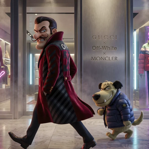 Villain Toon Duo – Luxury Walk, duo cartoon méchant en manteaux spectaculaires dans une boutique de mode, art mural premium