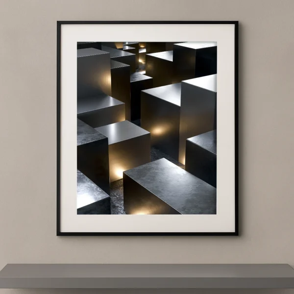 Composition de cubes métalliques formant une ville abstraite contemporaine.