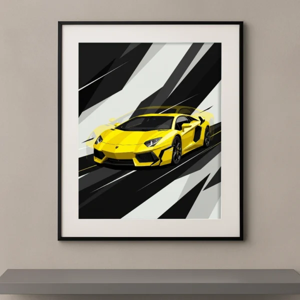 Tableau Vitesse Géométrique représentant une Lamborghini Aventador jaune dans une composition graphique noire et blanche inspirée du design contemporain.