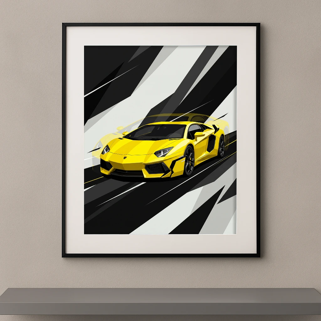 Tableau Vitesse Géométrique représentant une Lamborghini Aventador jaune dans une composition graphique noire et blanche inspirée du design contemporain.
