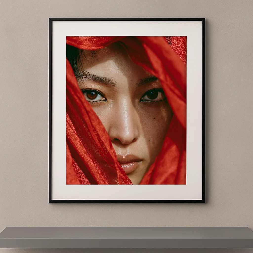 Portrait artistique d'une femme au regard intense apparaissant derrière un voile rouge lumineux dans un style photographique contemporain.